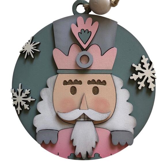 Whimsical Nutcracker Ornament - Pink, Gray & Green Hand Painted Wood - Picture 1 of 6